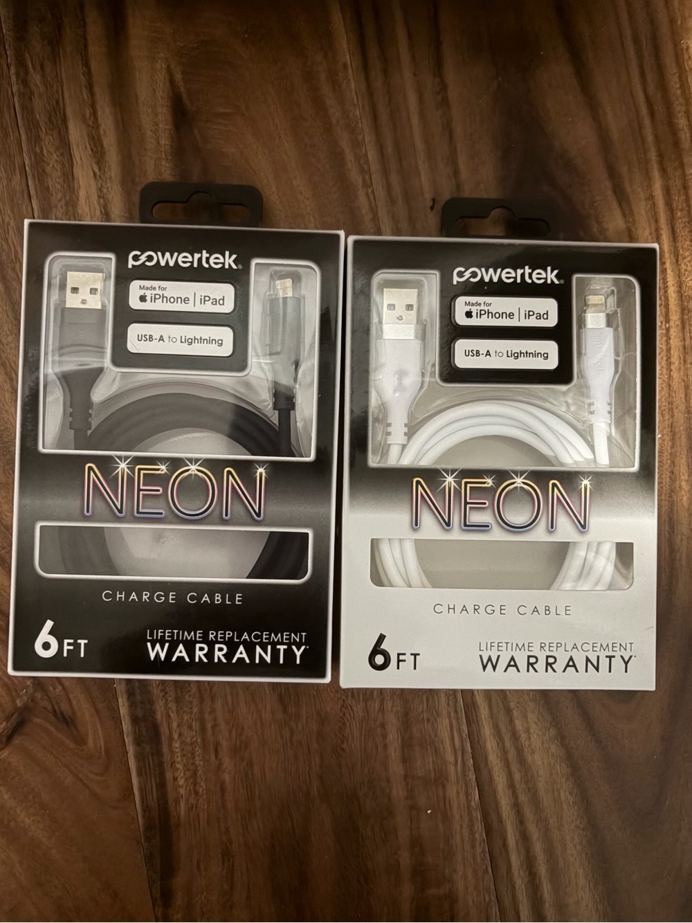 Powertek NEON 6ft USB-A to Lightning Charge Cable - 2 pack 1 Black & 1 White
